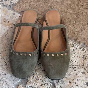 Madewell Olive Suede Mules with Gold Studs